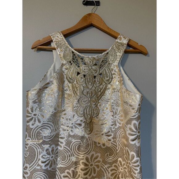 Lilly Pulitzer Size 10 Largo Shift Dress Gold Metallic Flower Jacquard Cocktail - Picture 4 of 15